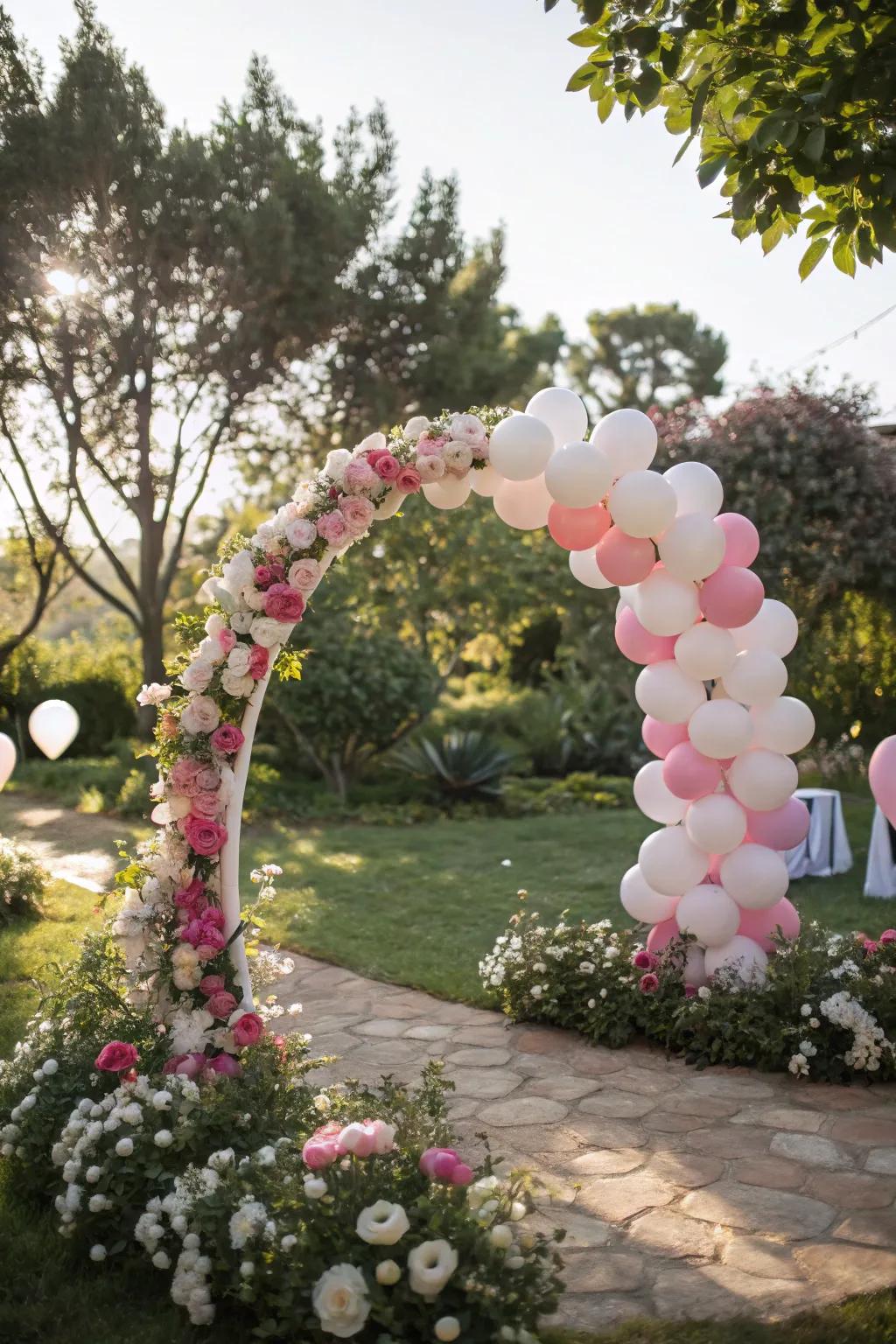 Flowers introduce a hint of sophistication to balloon hoops.