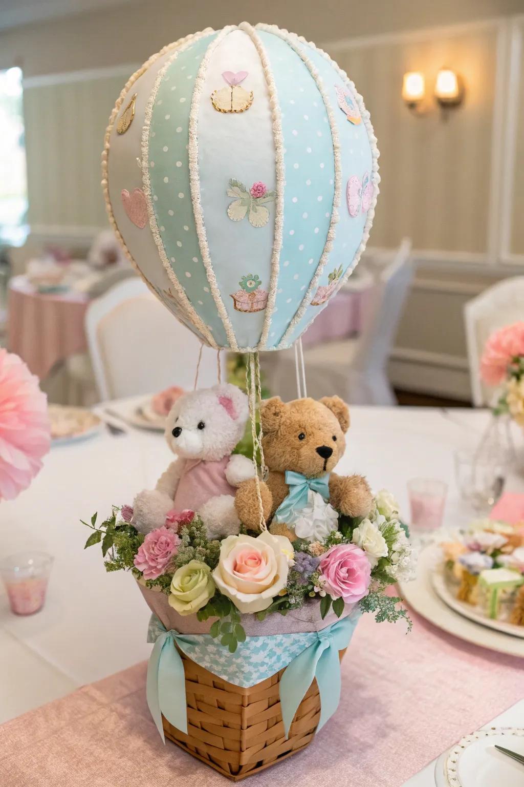 A charming hot air balloon centerpiece adds whimsy to the tablescape.