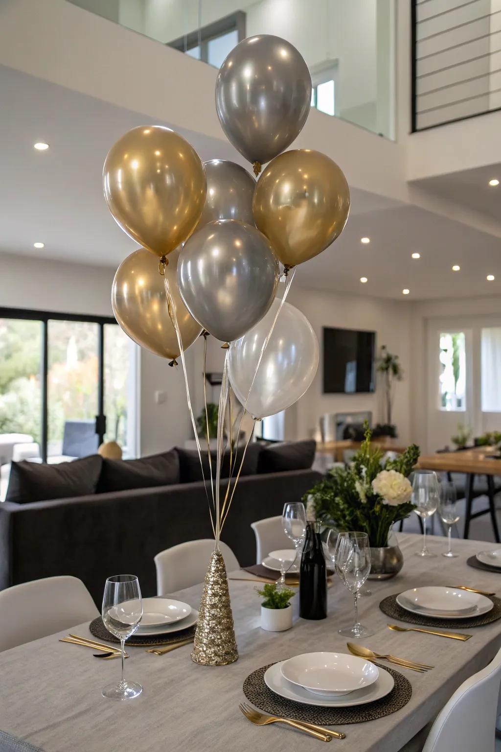 Elegant metallic balloon centerpieces enhancing a formal dinner gathering