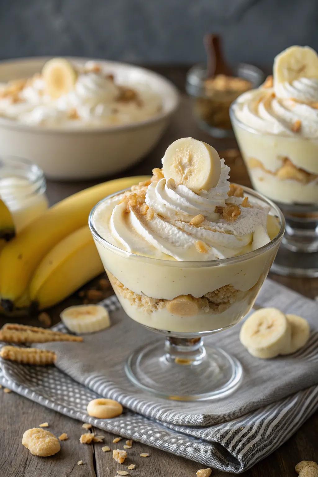 Elaborate whipped cream swirls contribute a layer of sophistication to banana pudding.