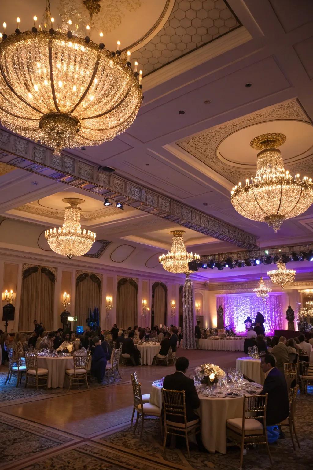 Chandeliers coupled with ambient lights create the ideal mood.