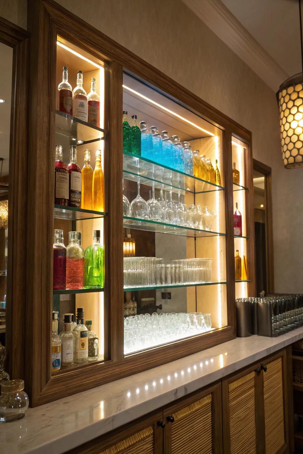 Backlit mirrors introduce a magical atmosphere to your home bar.