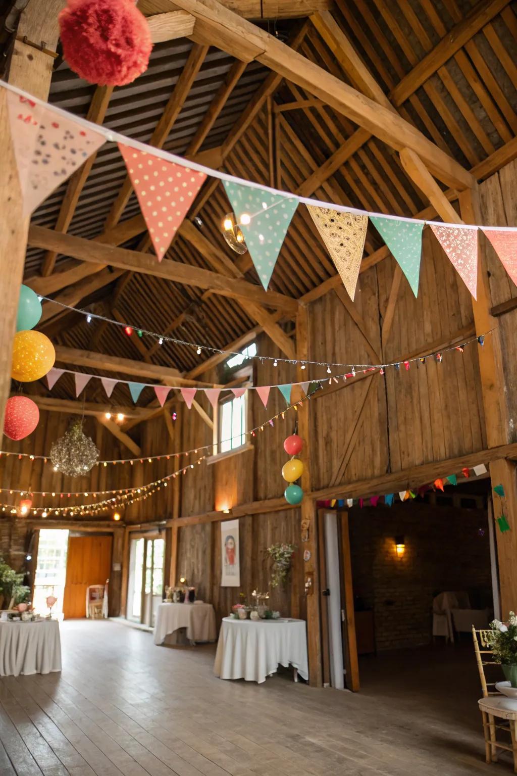 Bunting imparts an animated and festive vibe to the barn.