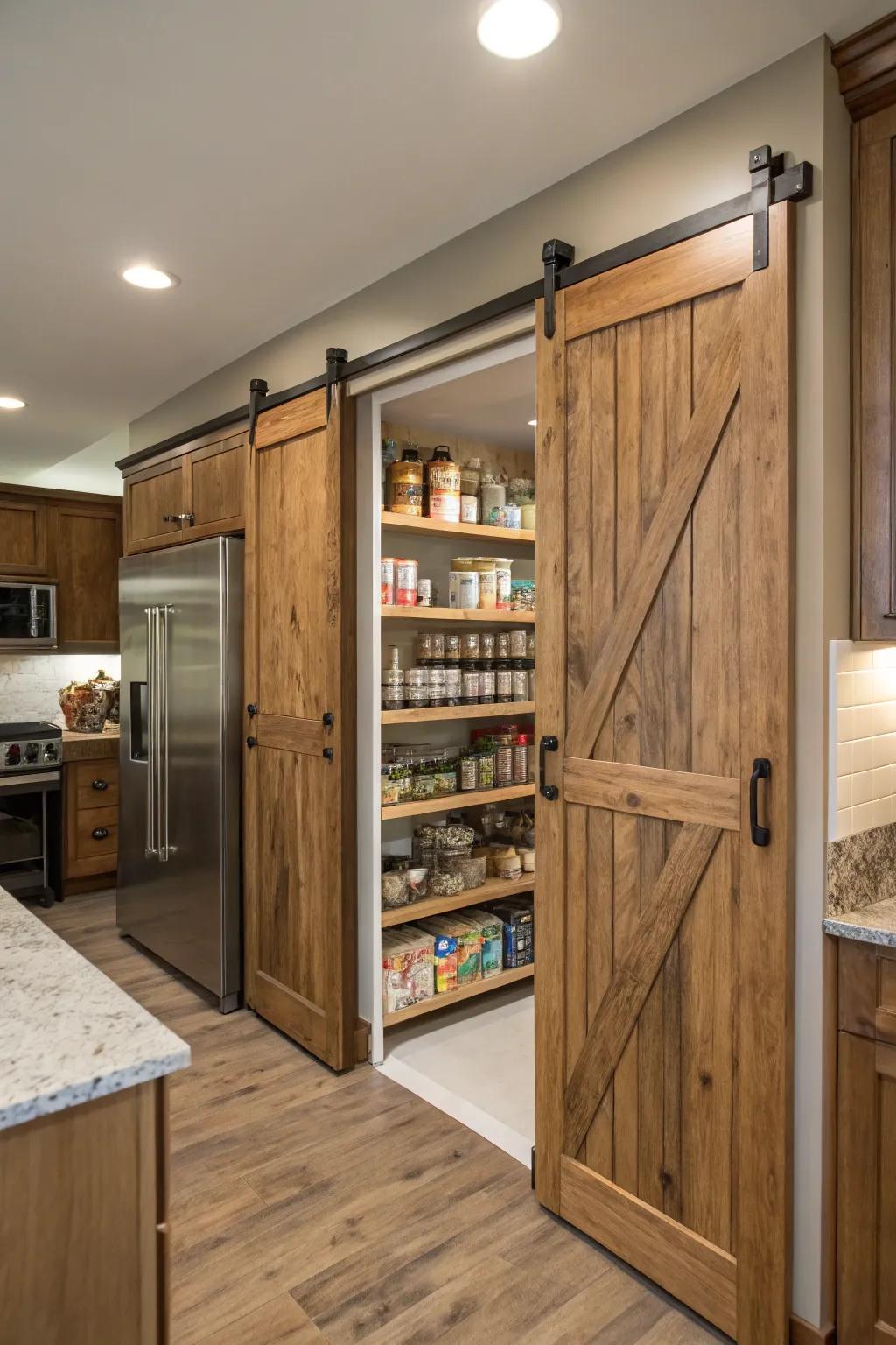 A culinary space featuring bi-fold sliding barn doors, demarcating the pantry zone.