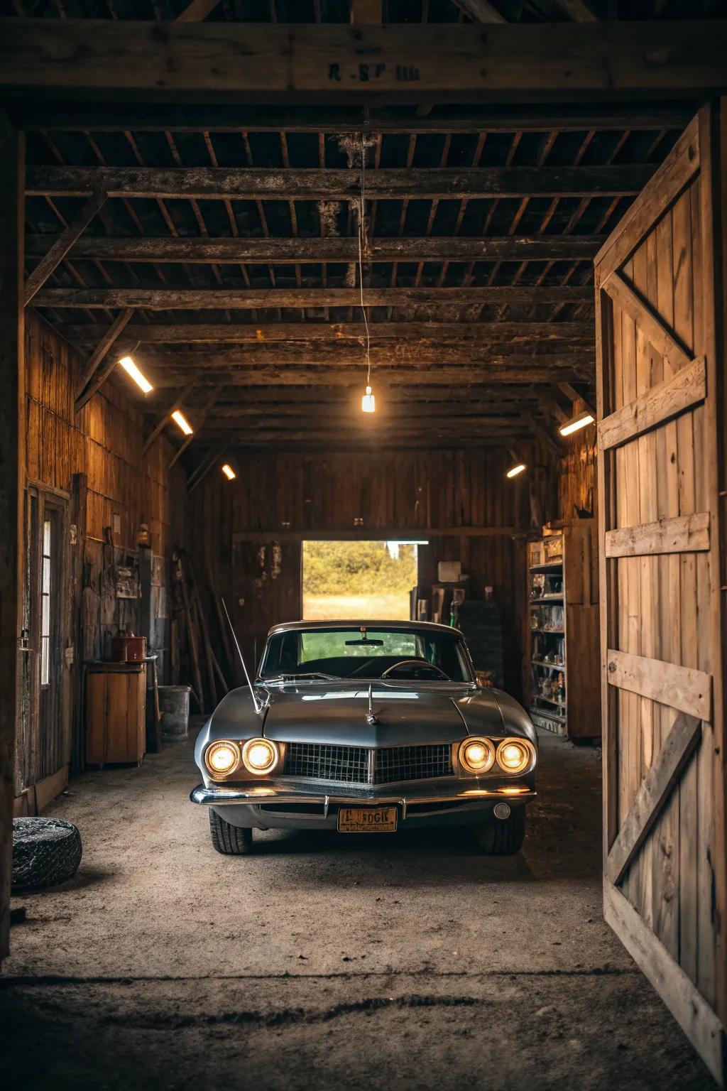In this barn garage, a vintage car serves as a striking focal point.