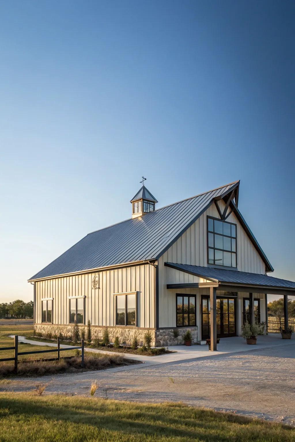 A prominent peaked roof lends traditional elegance to this barndominium.