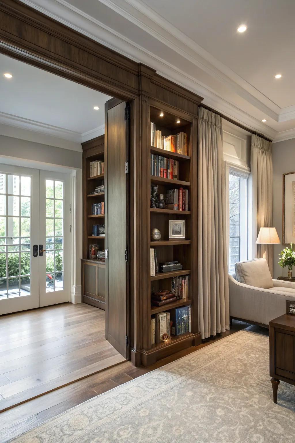 A concealed door within a bookshelf provides a creative, space-saving solution for basement access.