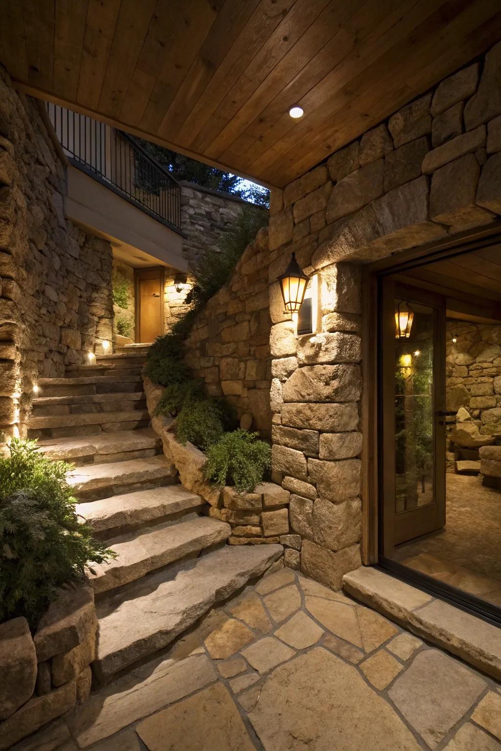 Natural stone lends an earthy charm to the basement entrance.