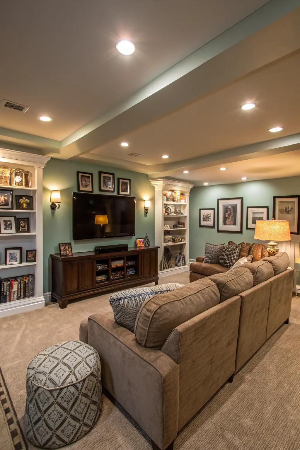 Layered lighting brightens and heats this fashionable basement area.