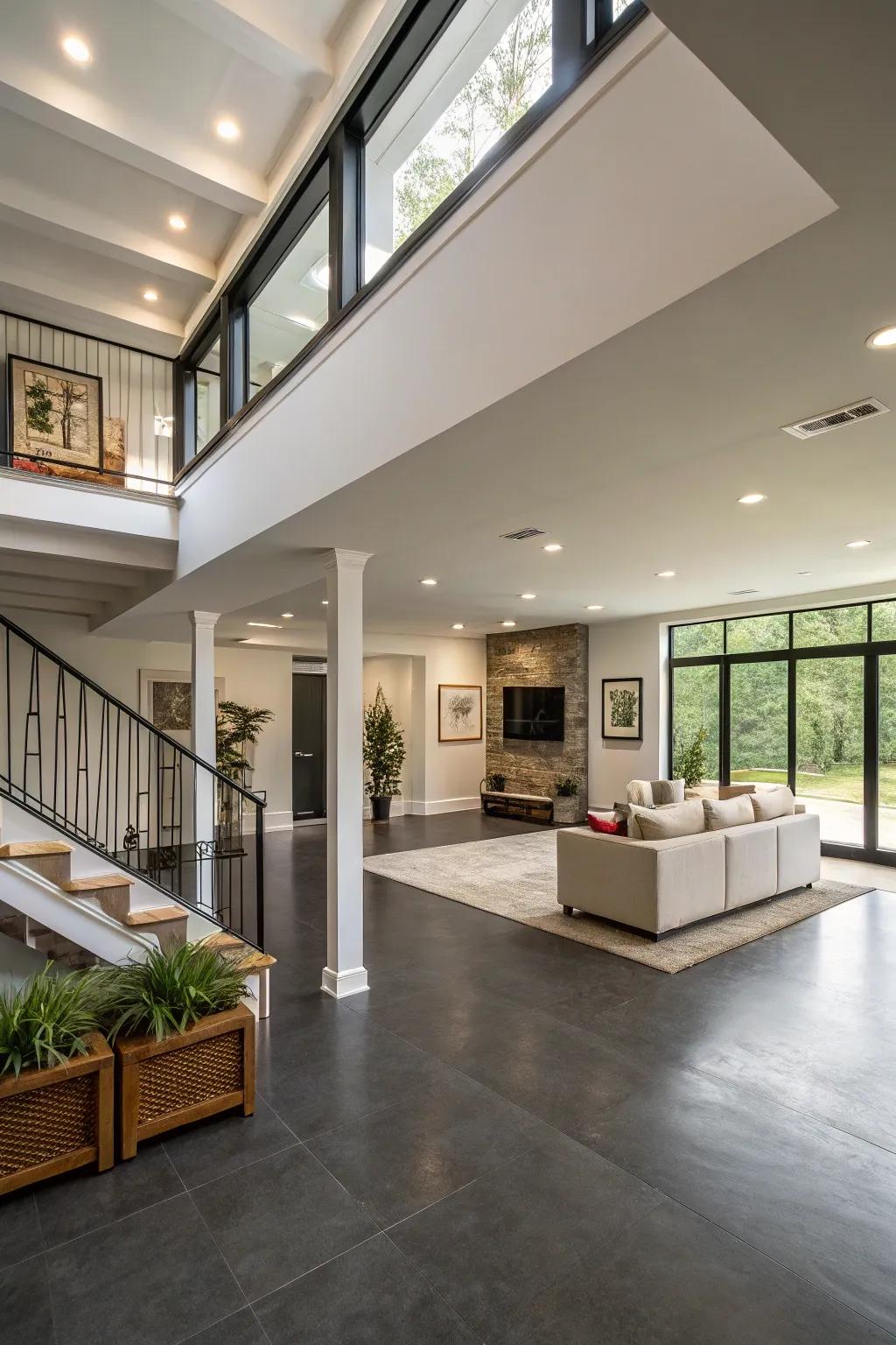 An unobstructed design basement layout featuring a fluid transition.