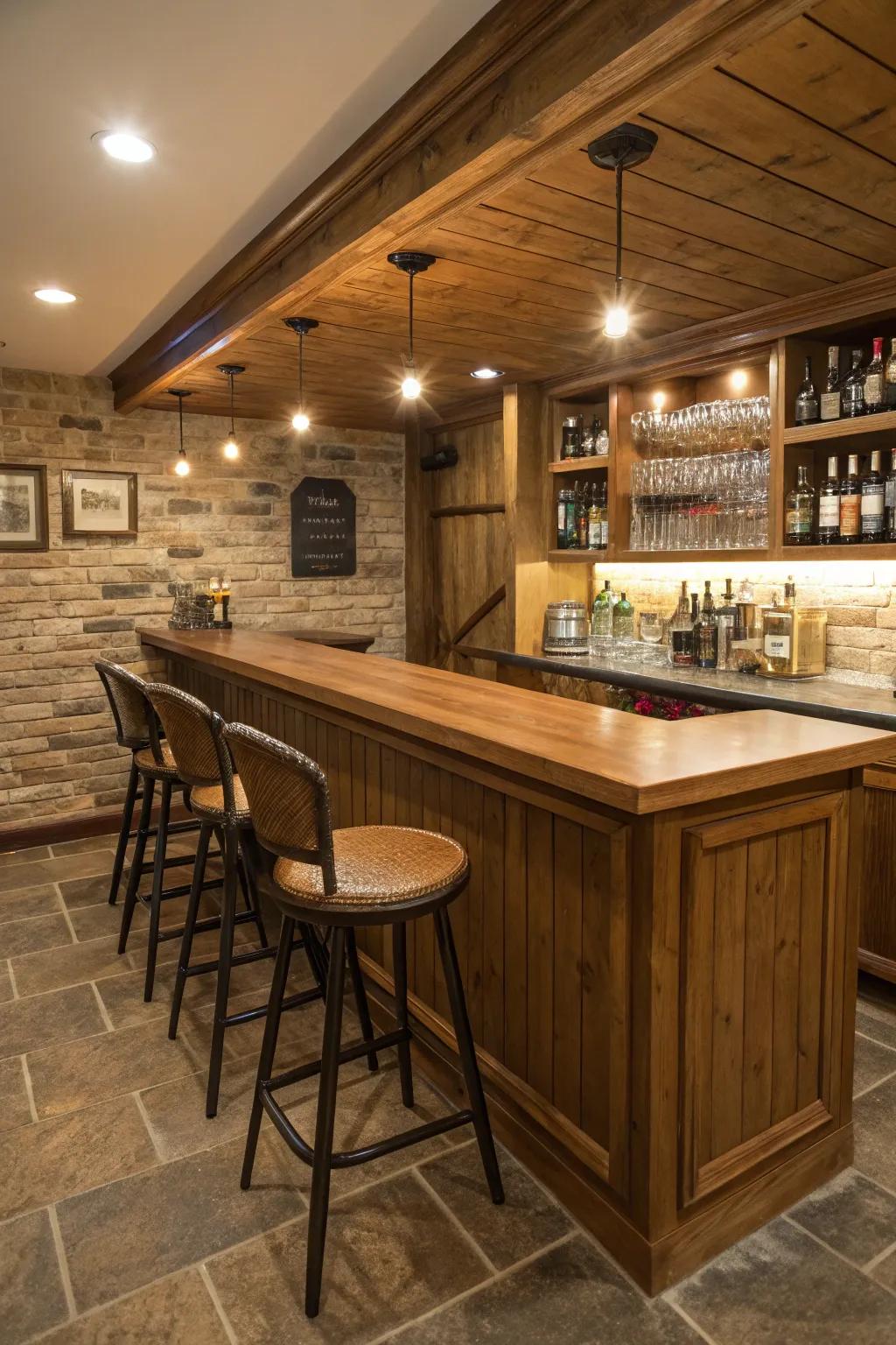 Connect and socialize in fashion within your own basement bar.