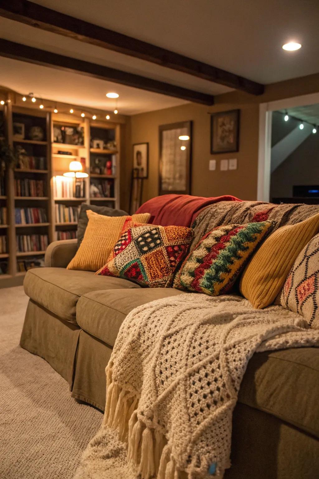Decorative cushions and soft blankets add warmth and texture.