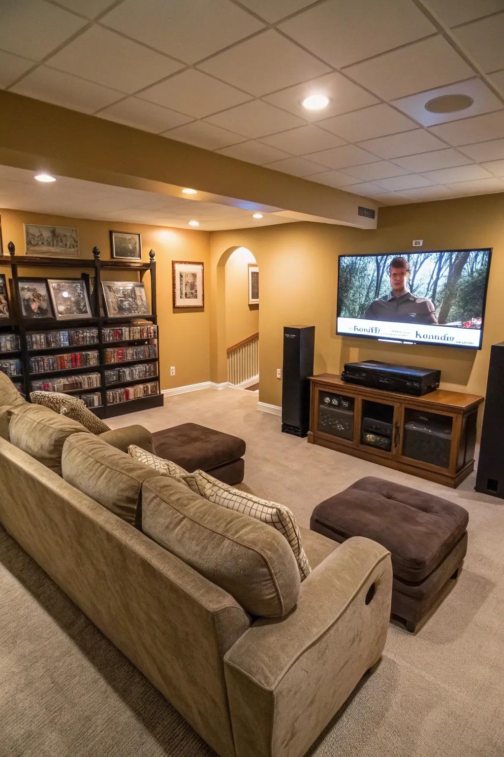 An entertainment center transforms the basement into the ultimate hangout.