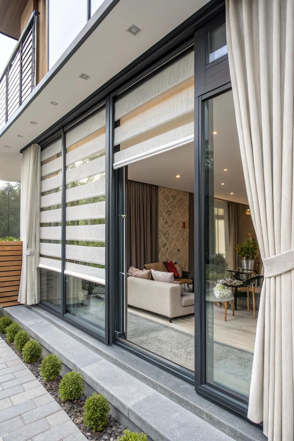 Layered drapes and roller shades provide adjustable light management.