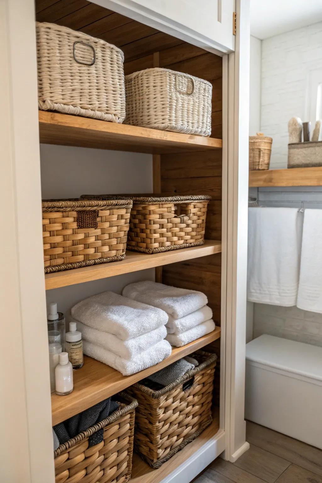 Woven baskets incorporate style while tidying up your essentials.