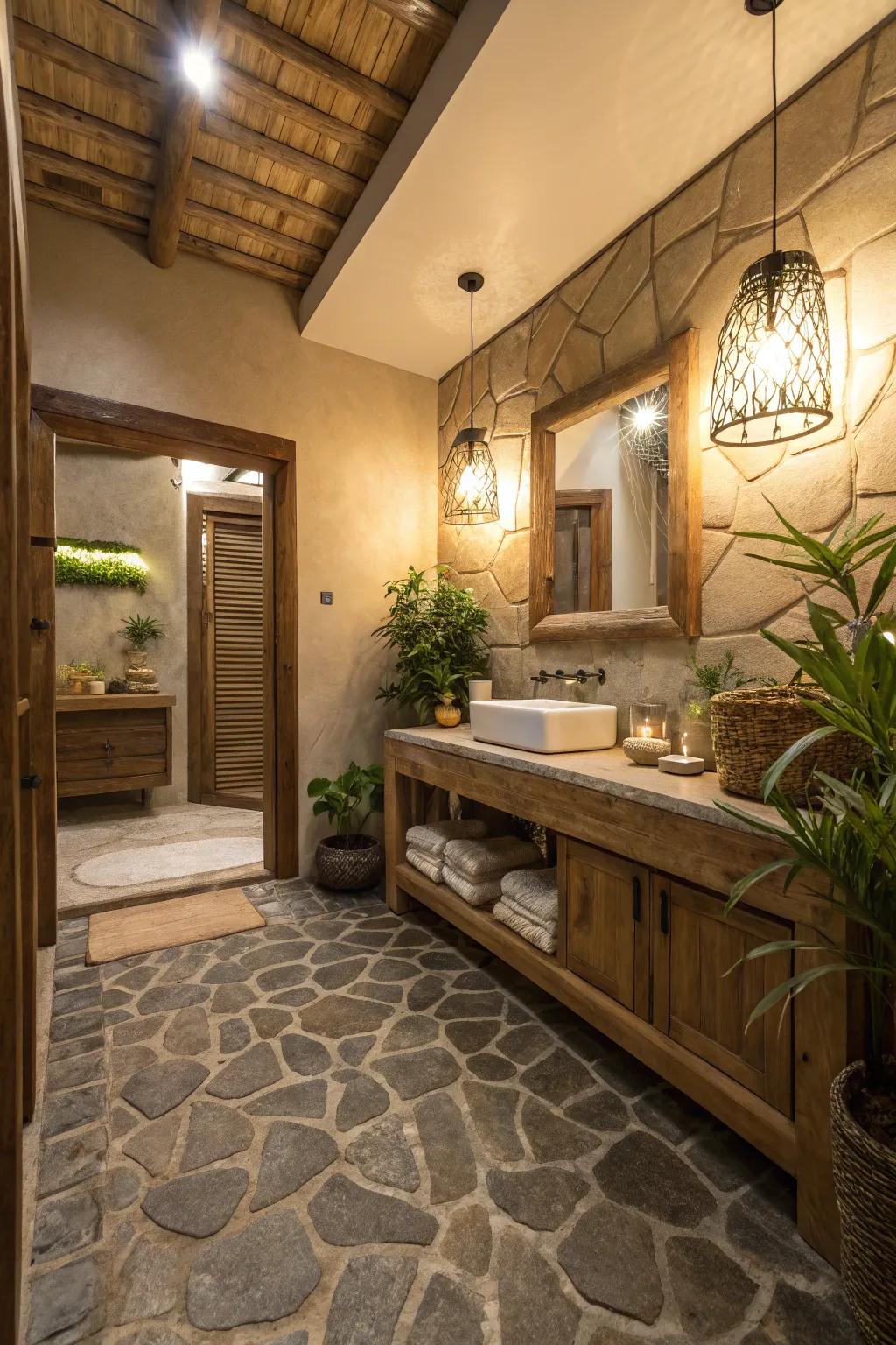 Symbiotically embracing the essence of nature through embossed stone tiles.