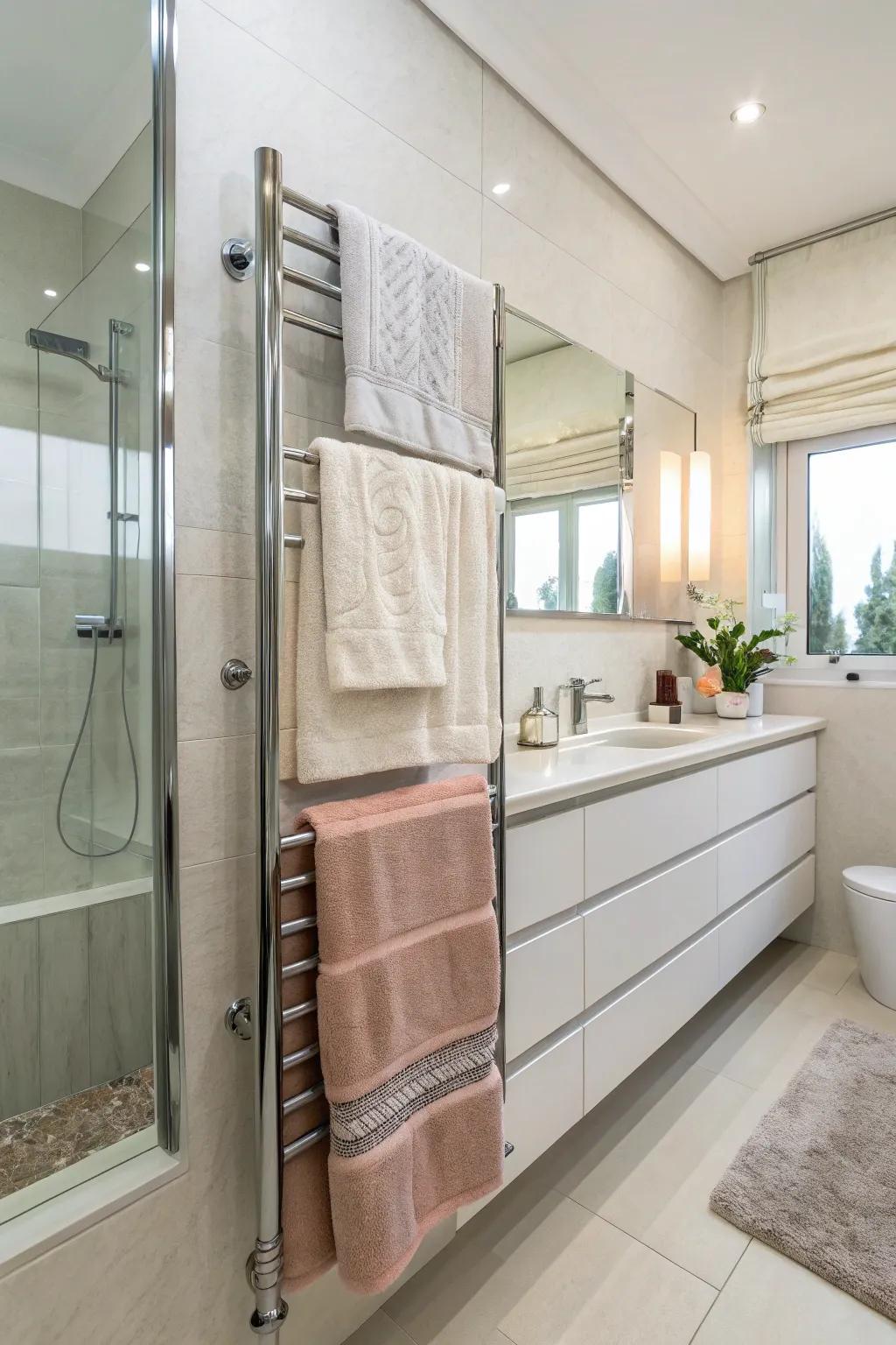 Artfully layered towels on a bar introduce both practicality and style to your bathroom.