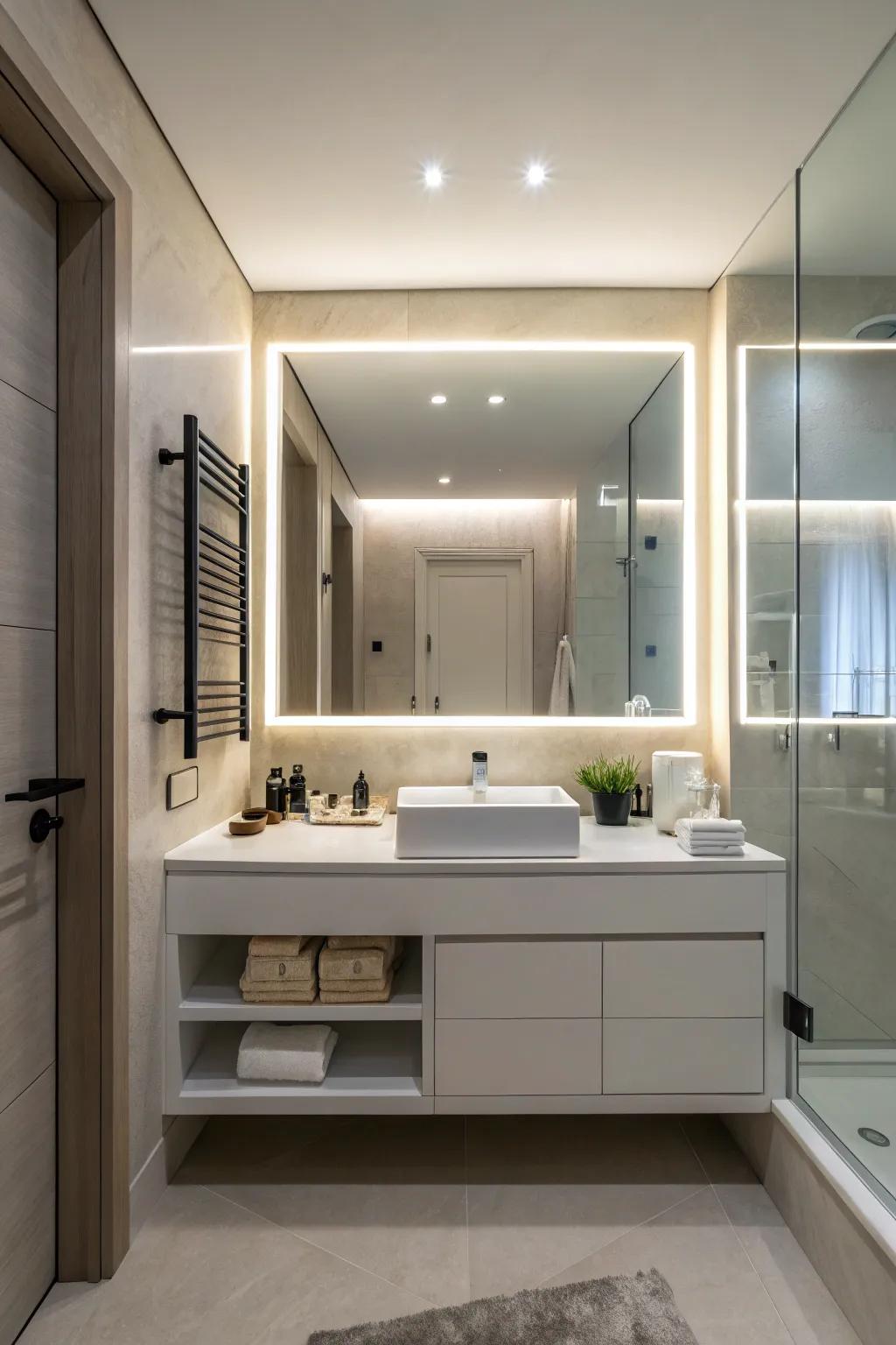 Your bathroom will have a tranquil ambiance with backlit mirrors.