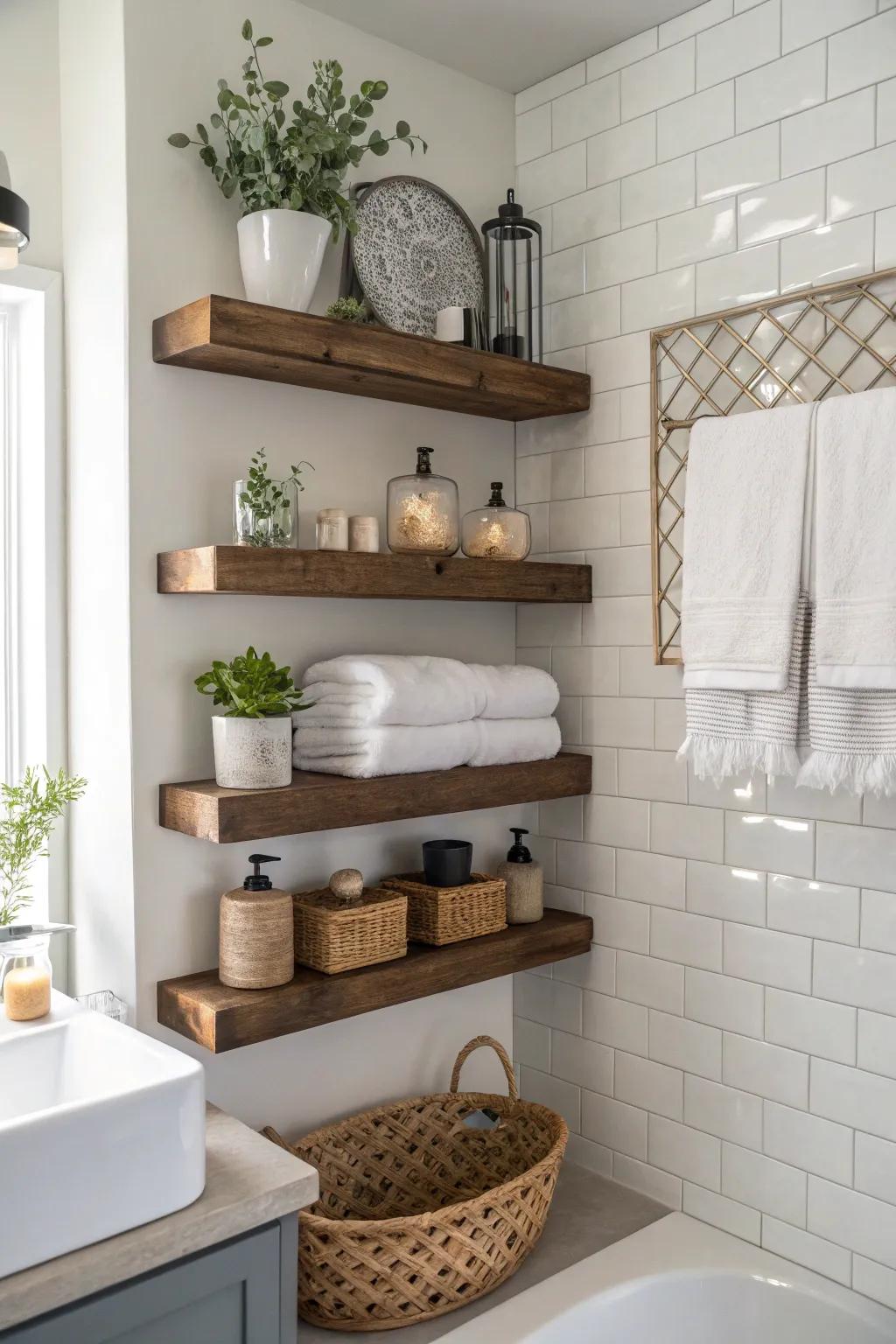 Improve your restroom's style and utility through imaginative shelving.