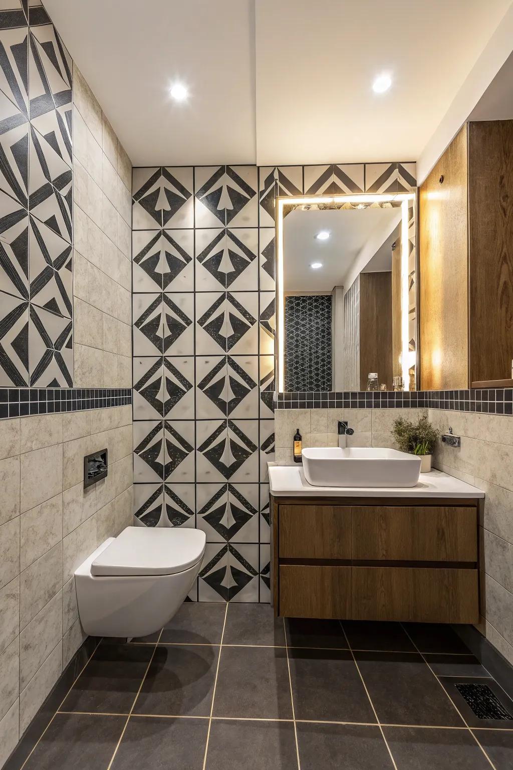 Contrasting palettes imbue drama and profundity into washroom aesthetics.