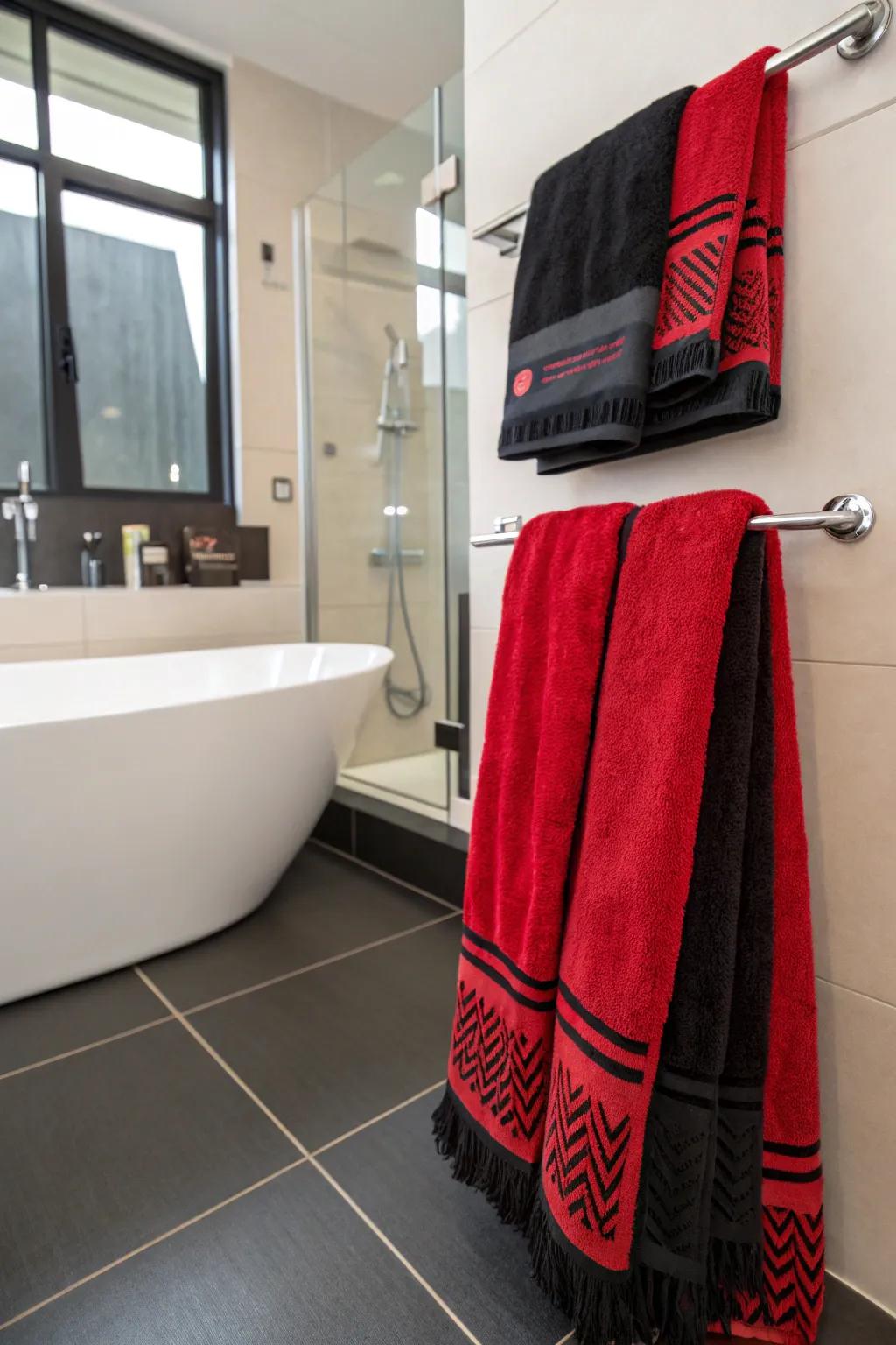 Scarlet and onyx weaves make a bold impression in any bathroom.