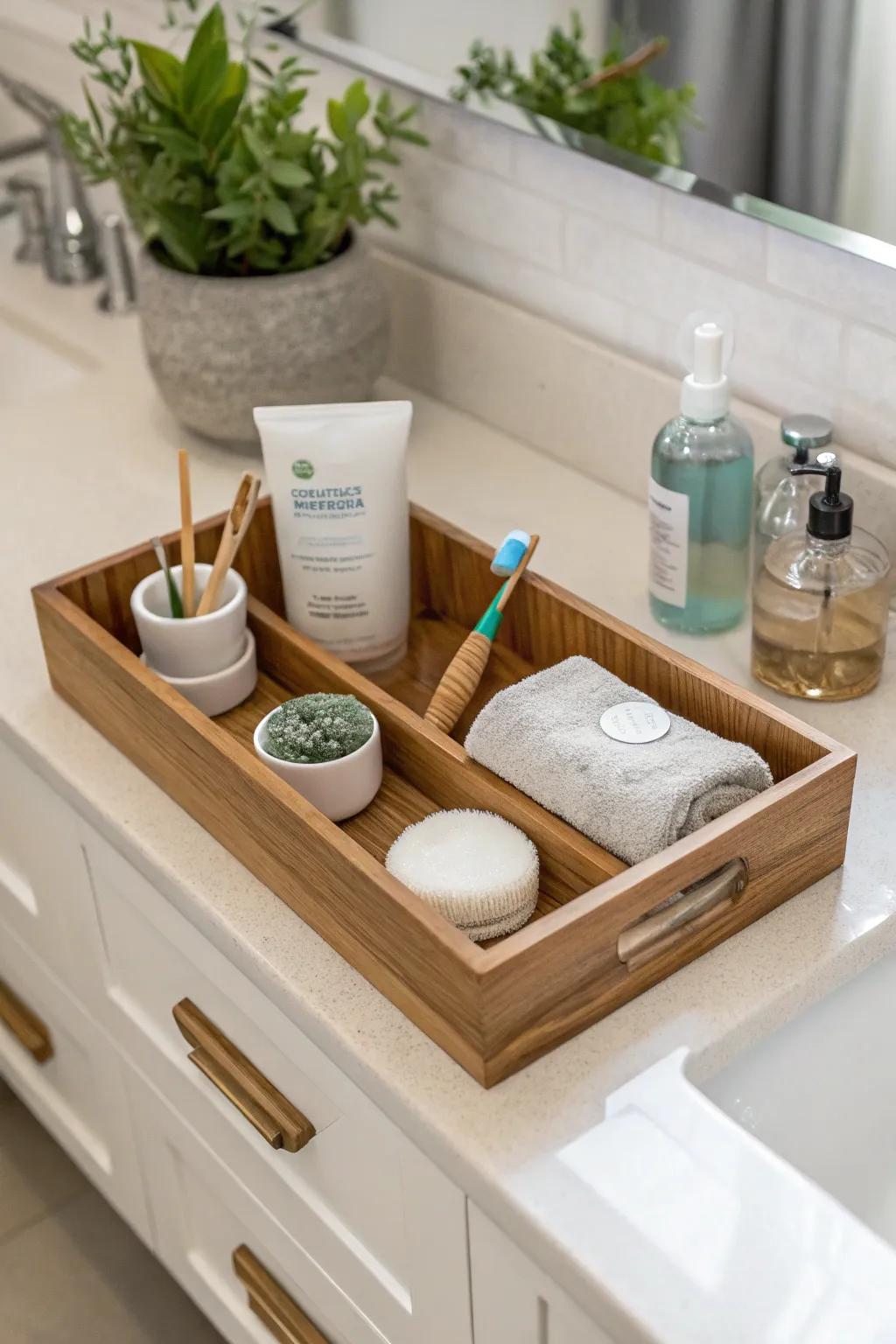 Serving platters maintain an organized and stylish bathroom vanity.