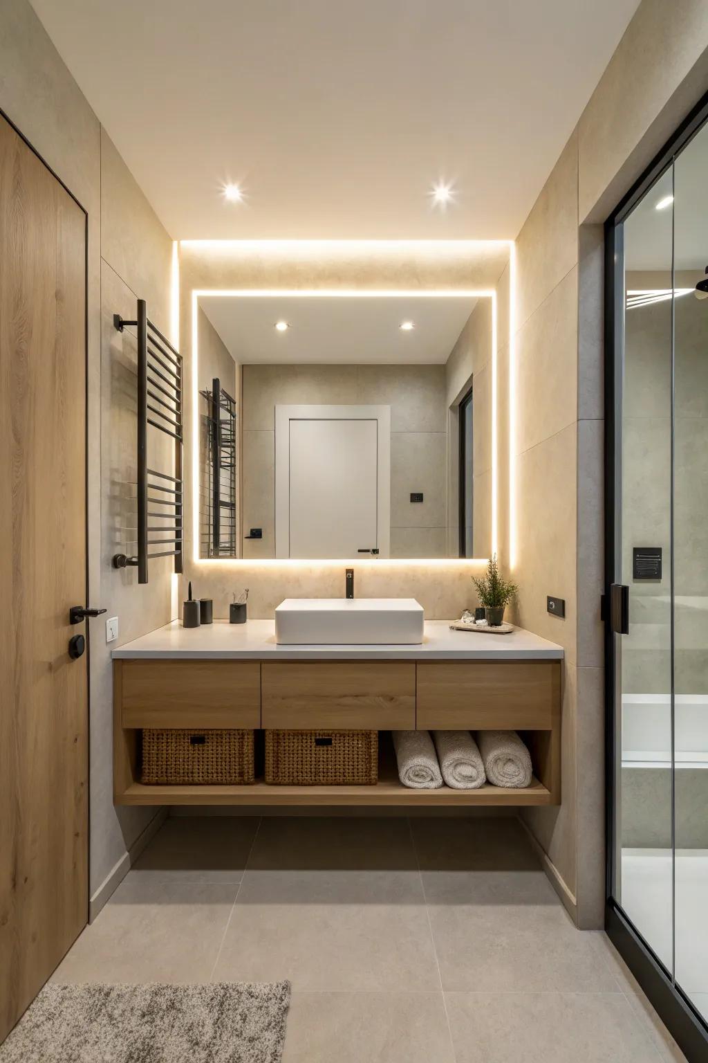 Mirror-integrated lighting offers a sleek and modern touch.