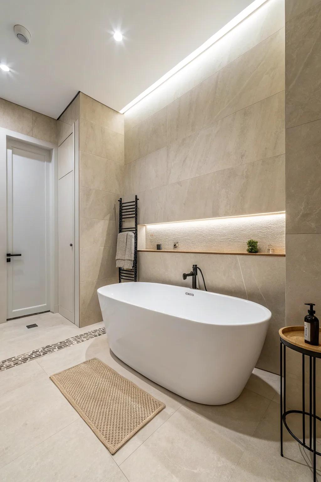 A streamlined white bathtub situated in a minimalist environment cultivates a serene atmosphere.