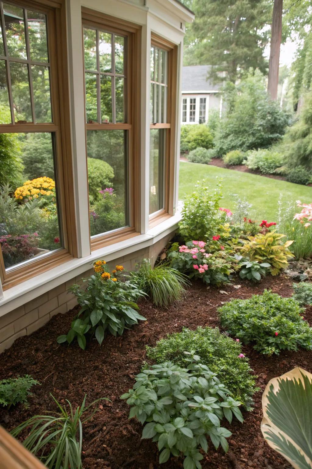 Bark chips deepening the neatness and color beneath a bay window.