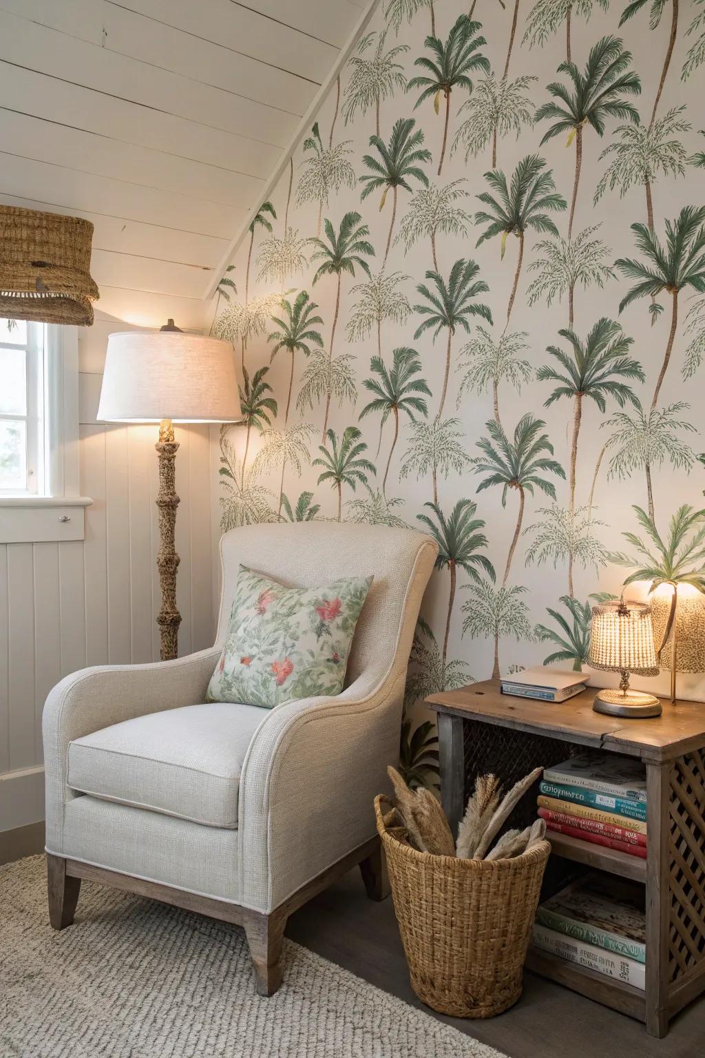 Introduce tropical vibes into your interior using palm-themed wallpaper.