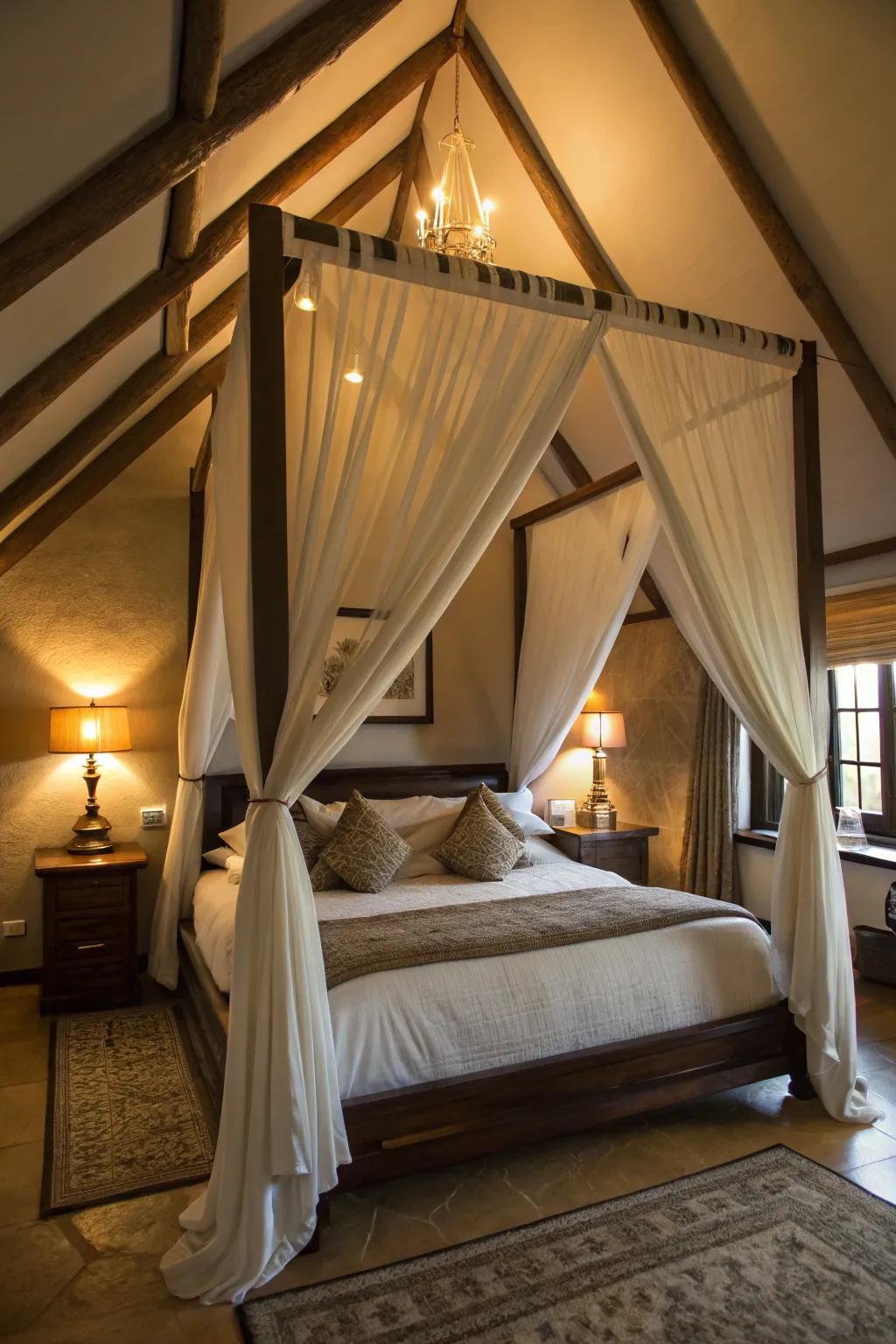 An awning suspended from the ceiling's apex creates a stylish focal point.