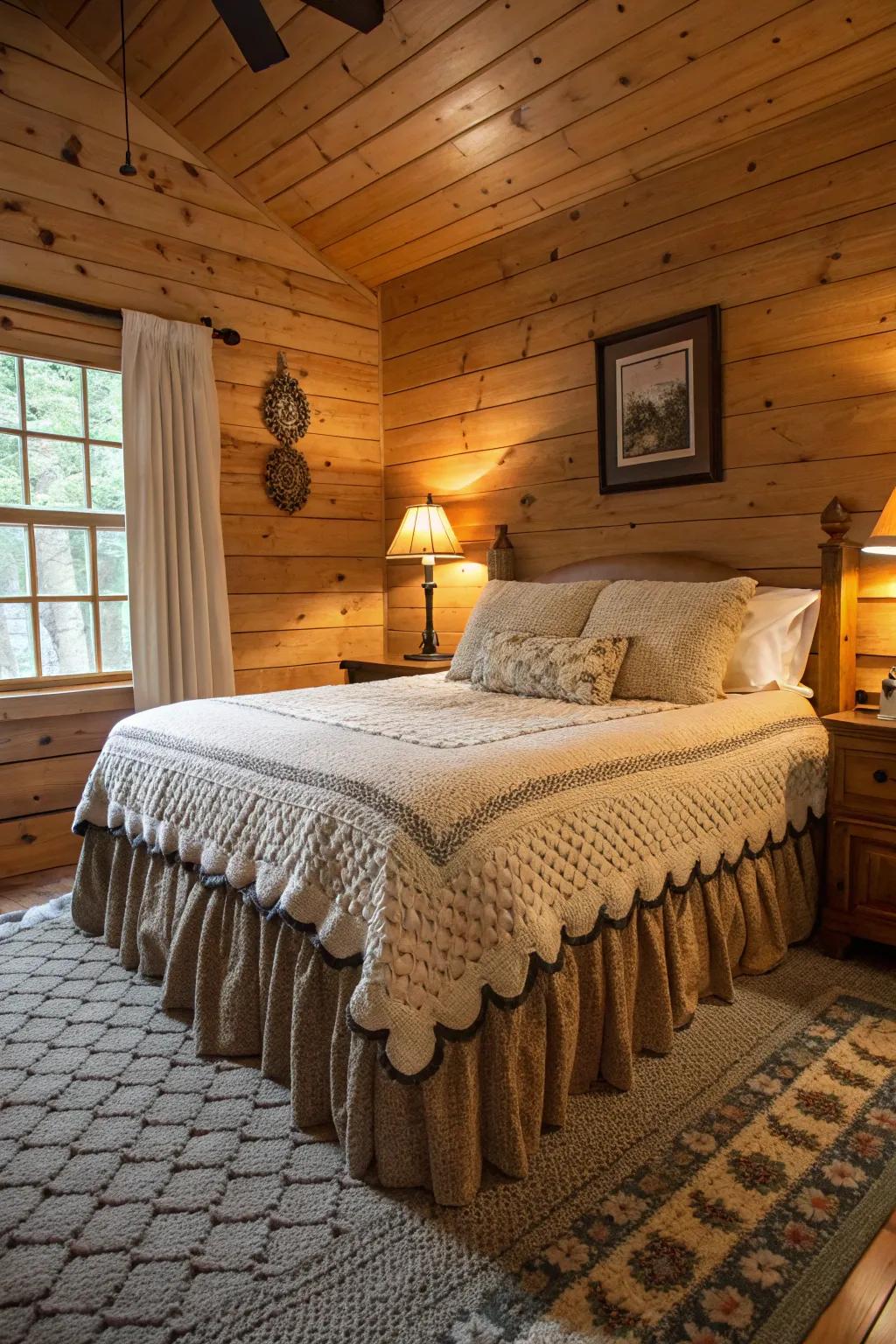A textured bed skirt imparts both warmth and profundity to the setting.