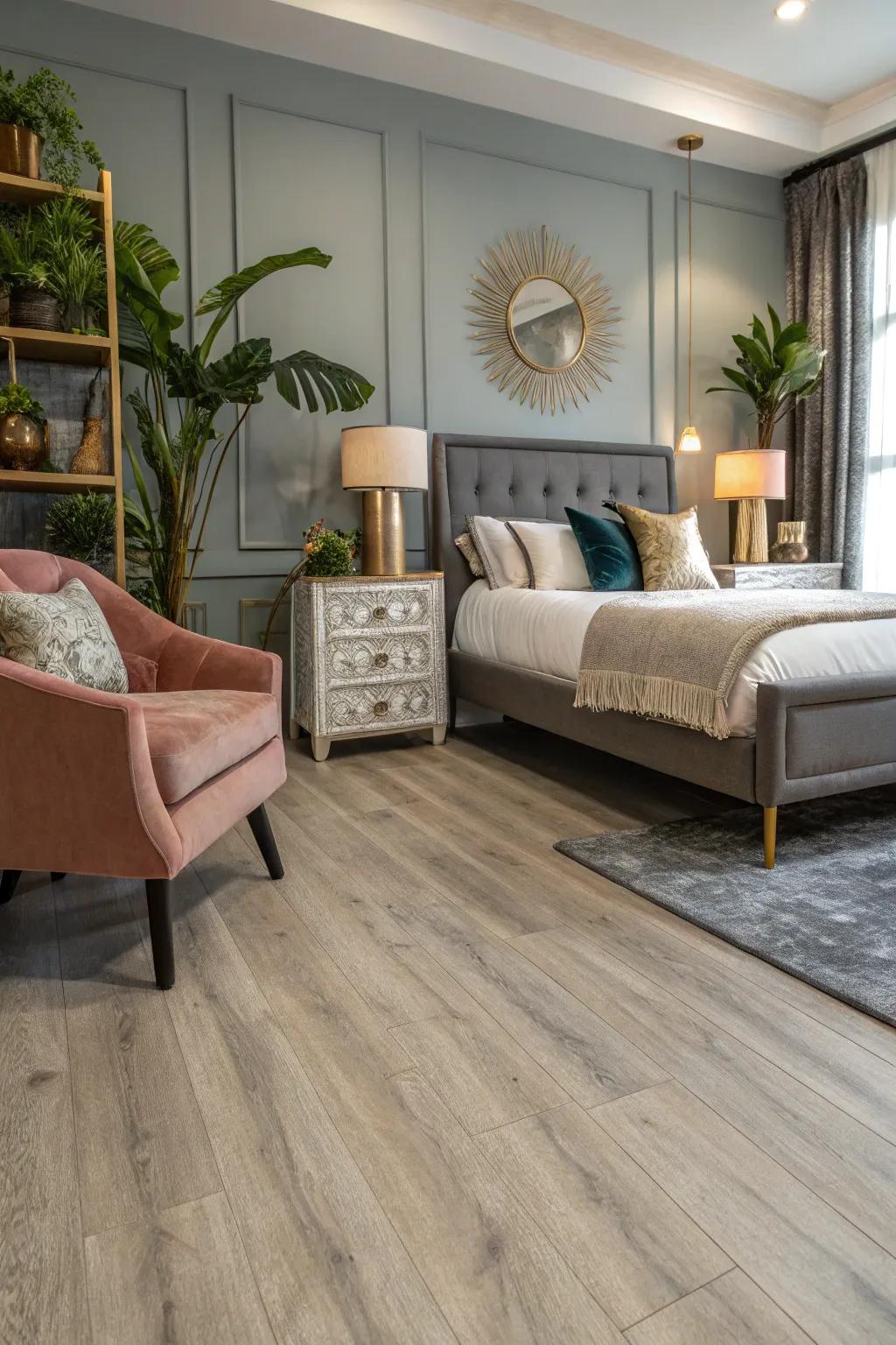 Refined vinyl combines style and strength for a polished bedroom appeal.