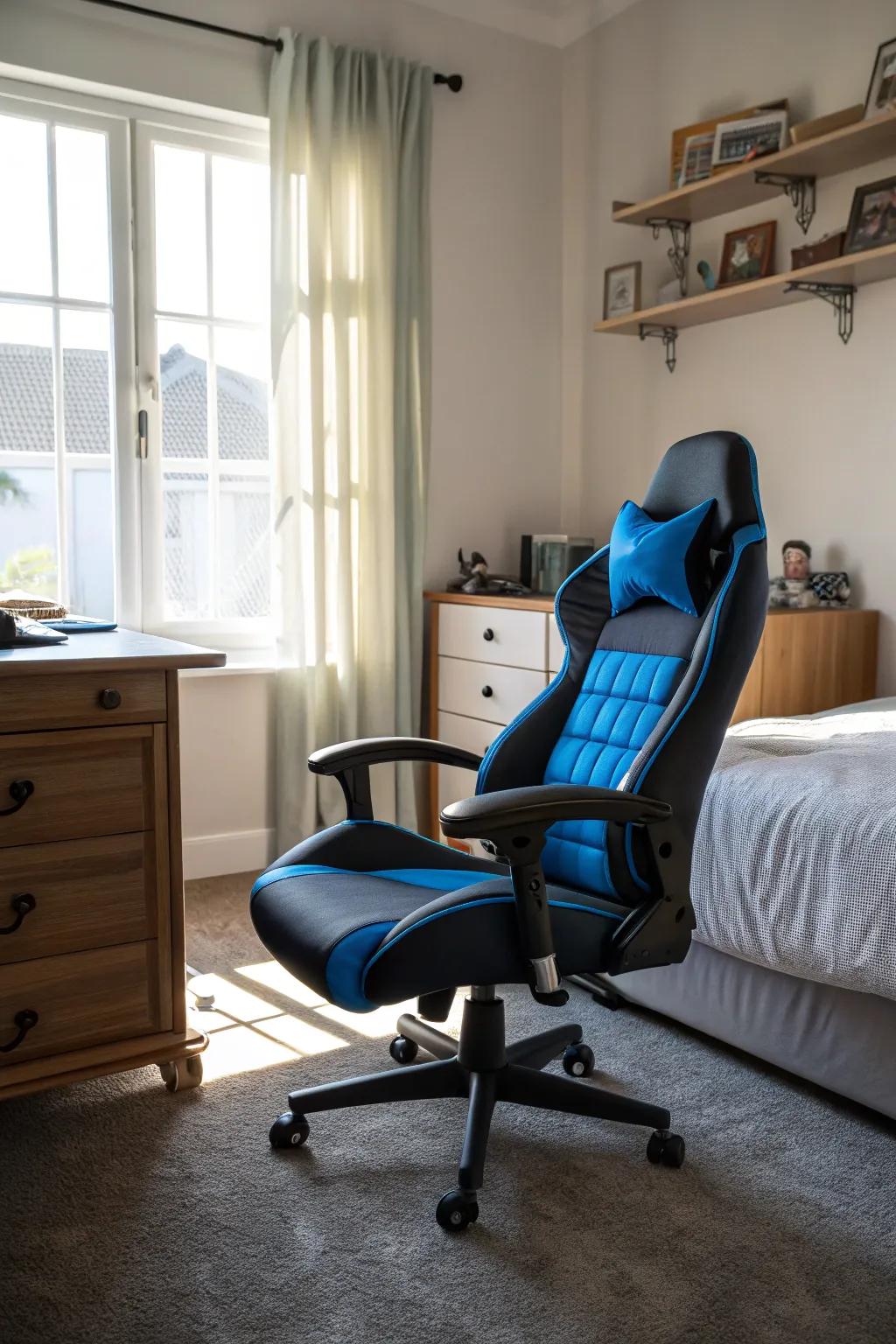 A posture chair enhances both comfort and design within the gaming configuration.