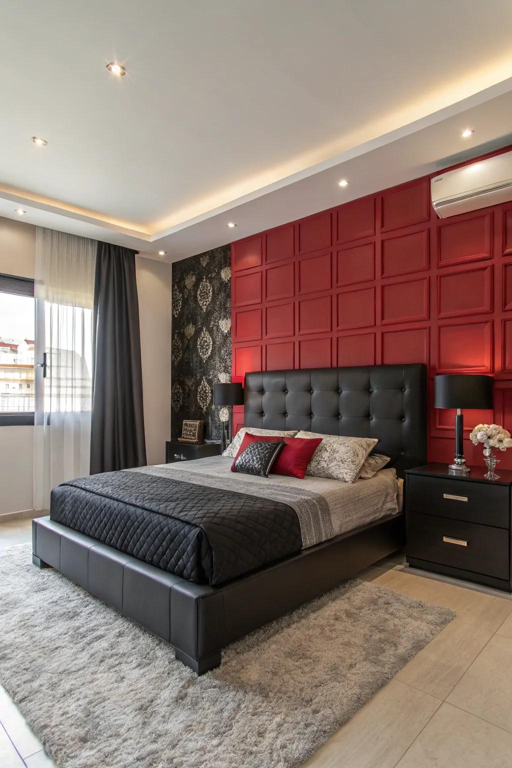 A daring prominent wall complements the ebony furniture, injecting dimension and energy.