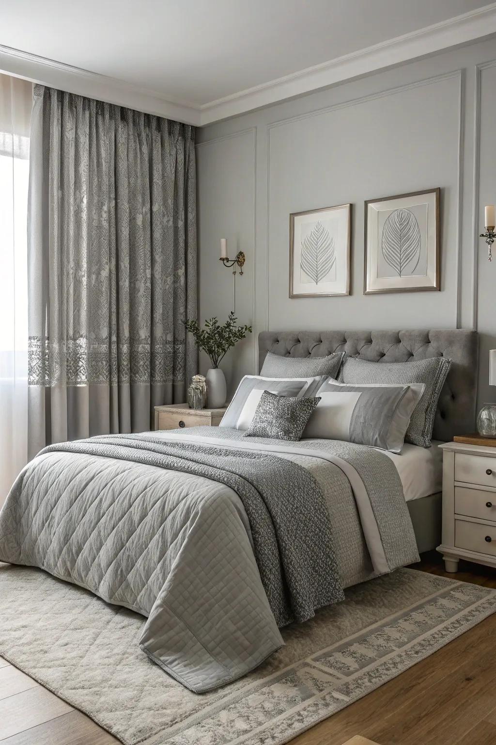 A peaceful bedroom highlighting a serene ash uniform palette.