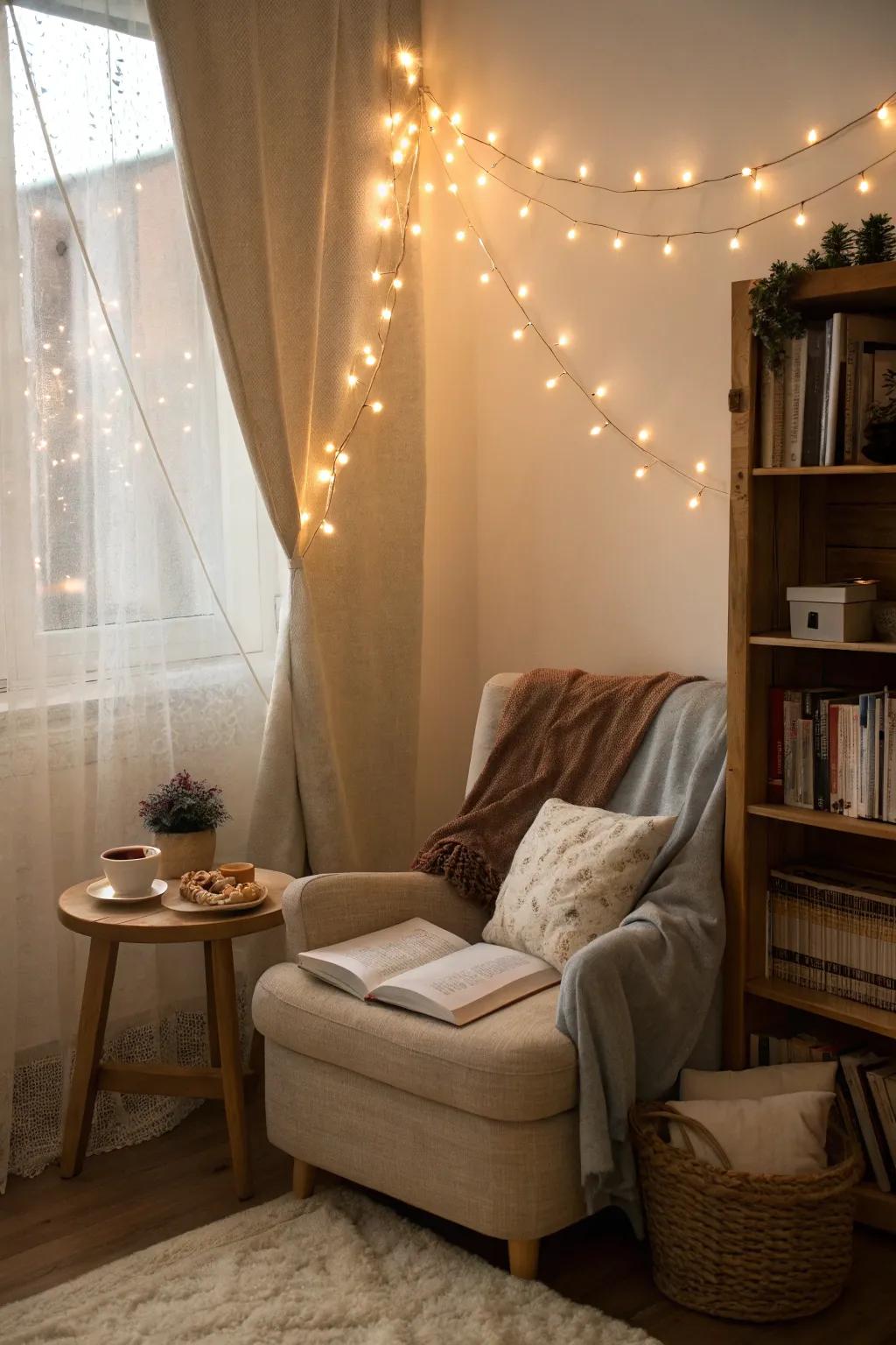 A bedroom nook lit by gentle twinkle lights, creating a calming ambiance.