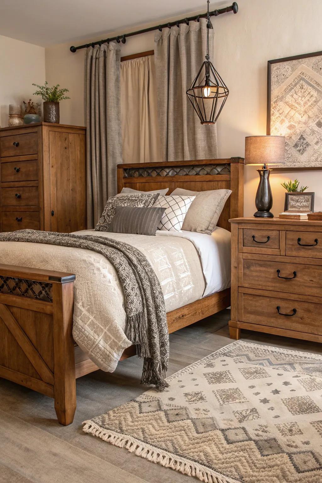 Superimposed textures enrich and intrigue any slumber chamber aesthetic.