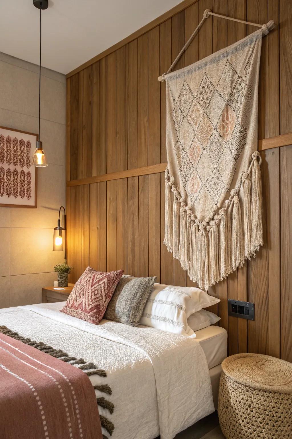 Mix textures for a snug and vibrant bedroom wall.