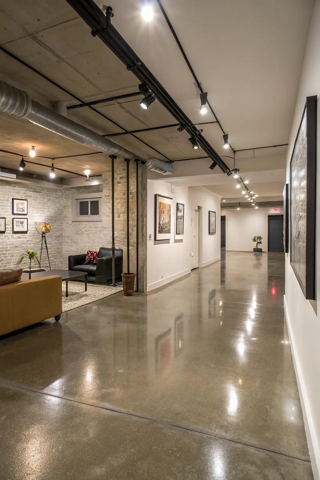 Refined concrete provides a streamlined, contemporary touch to basement areas.