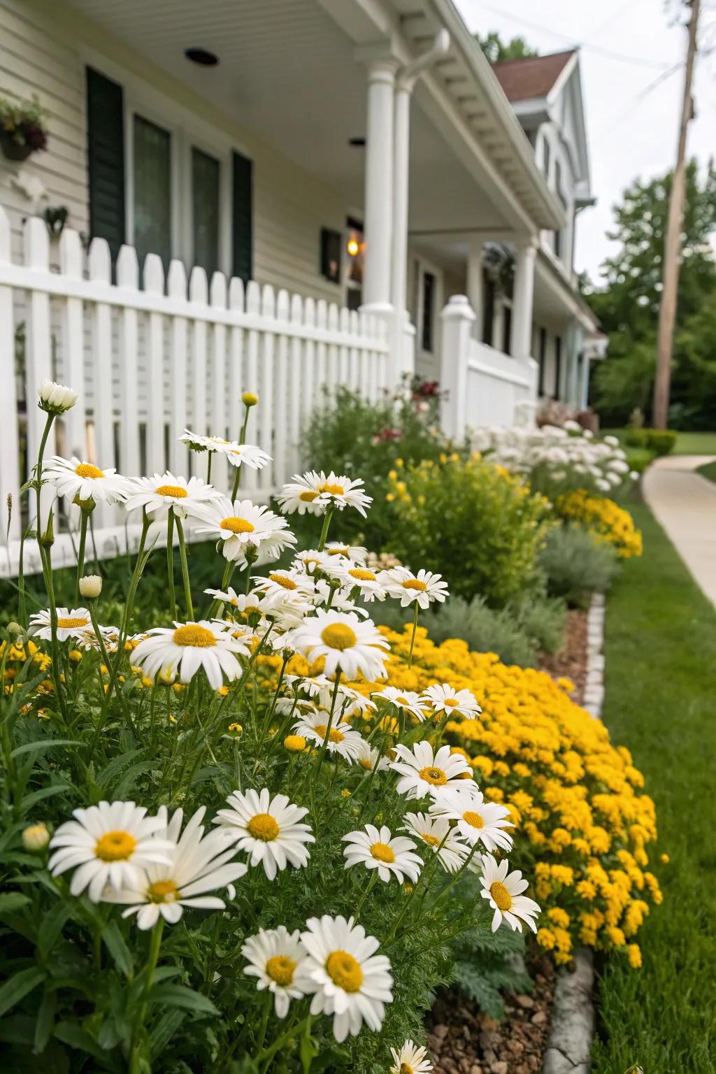 Daisies contribute a cheerful and enduring grace to any front garden.