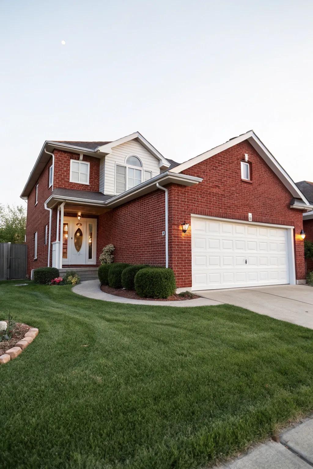A white garage door brings a refreshing and inviting contrast to red brick.