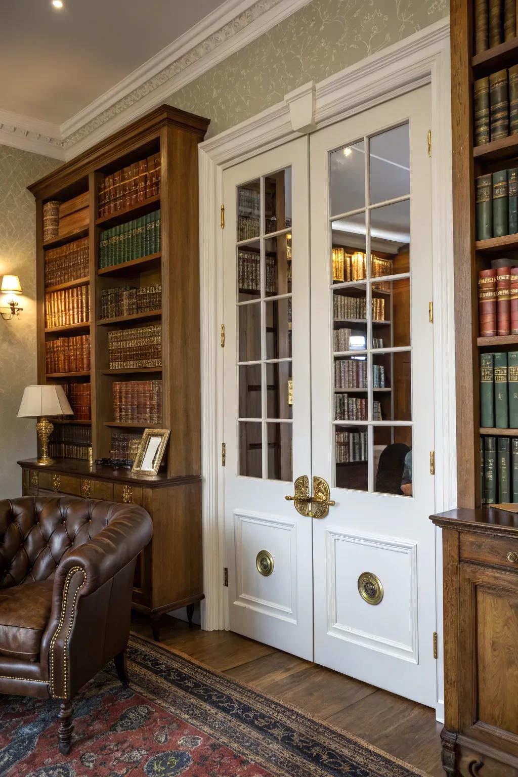 Aged brass rosettes contribute a trace of vintage elegance to folding doors.