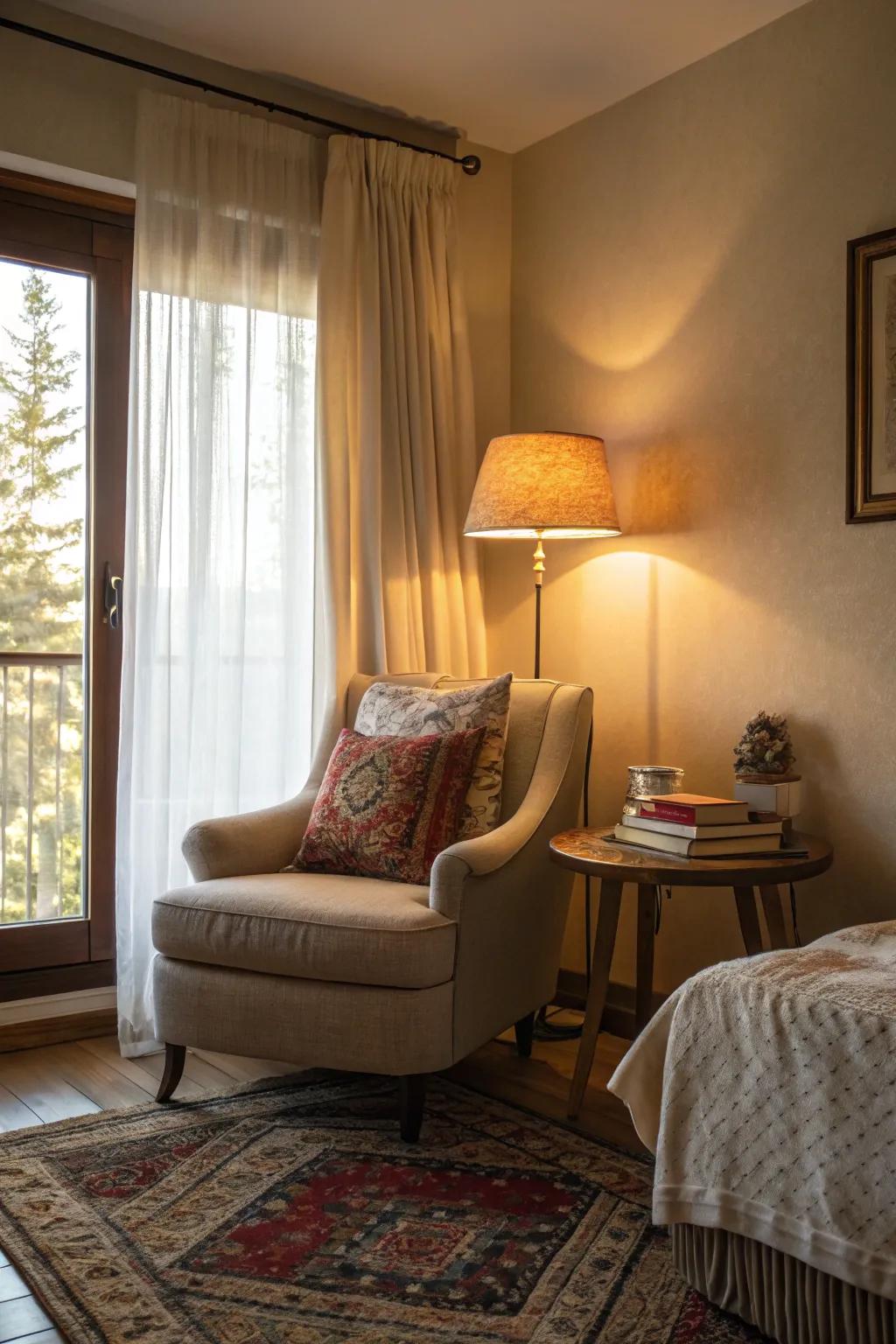 An inviting seating enclave in a commodious bedroom, ideally suited for relaxation.