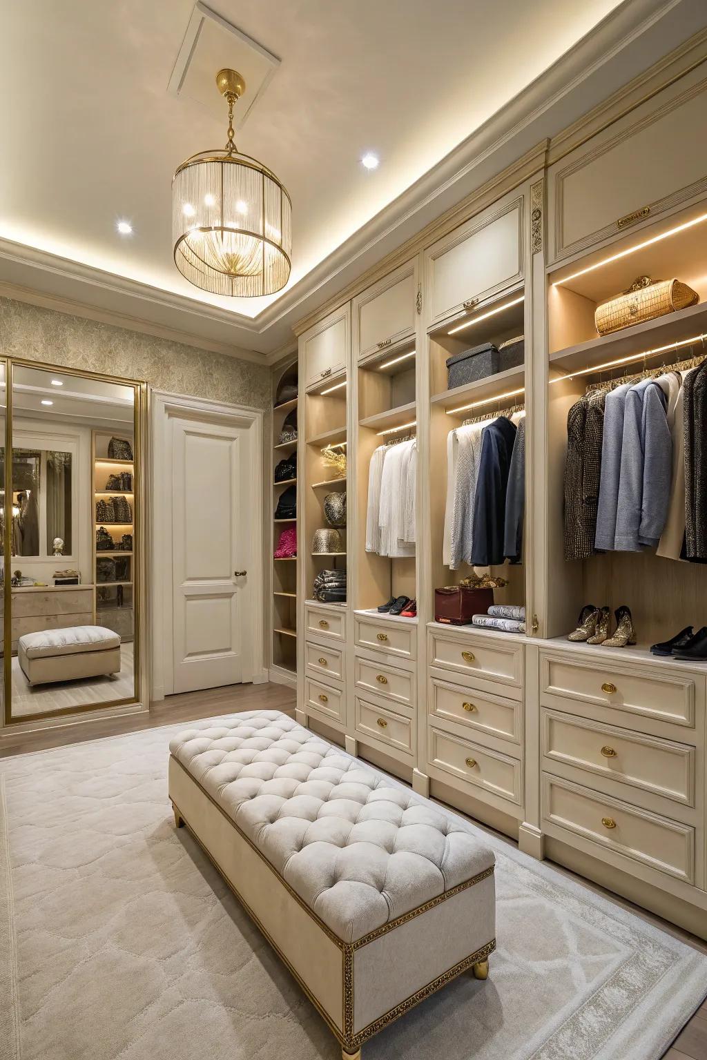 A roomy closet featuring a plush bench and elegant decorative elements.