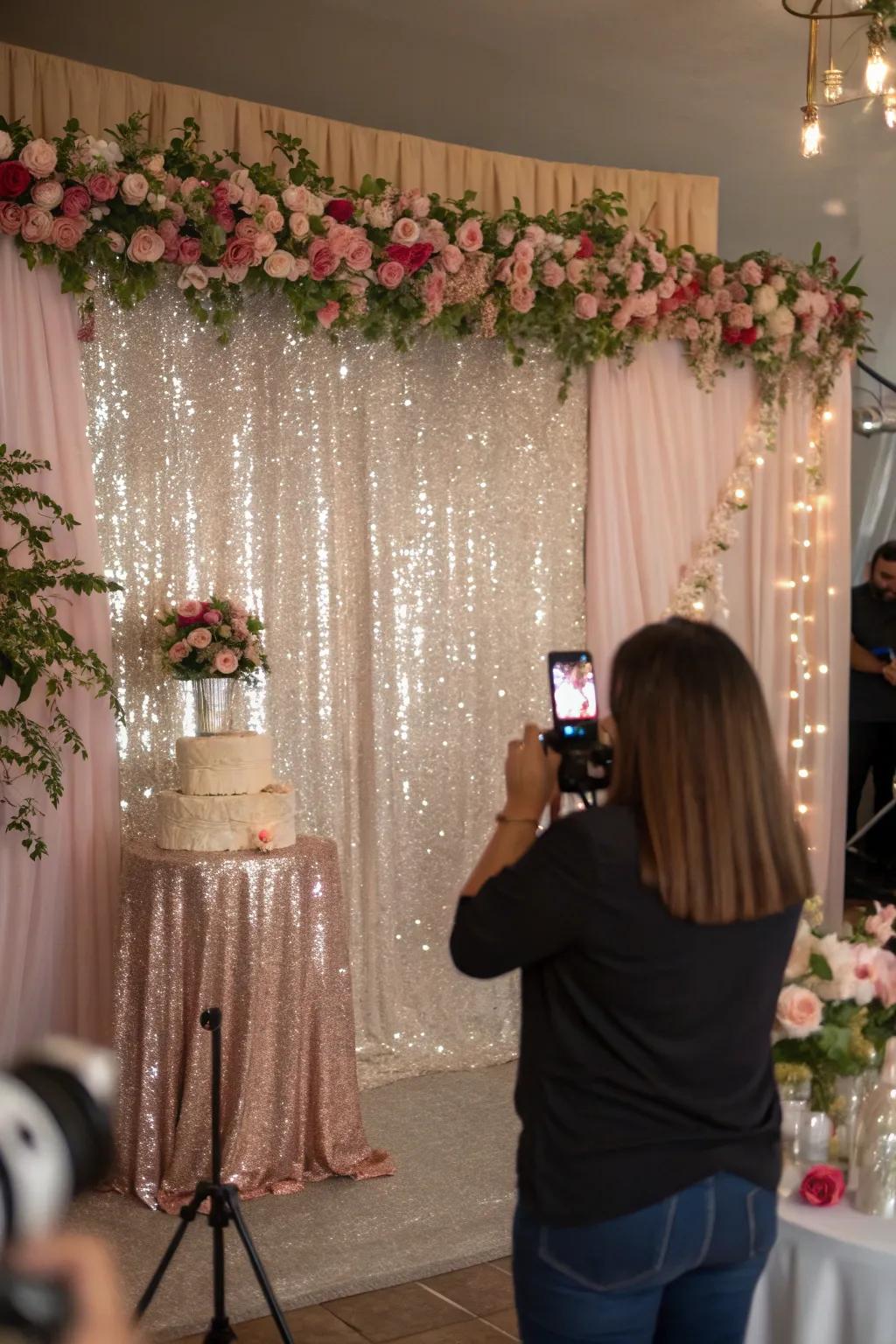 A stunning sequin and floral setting ideal for memorable event photography.