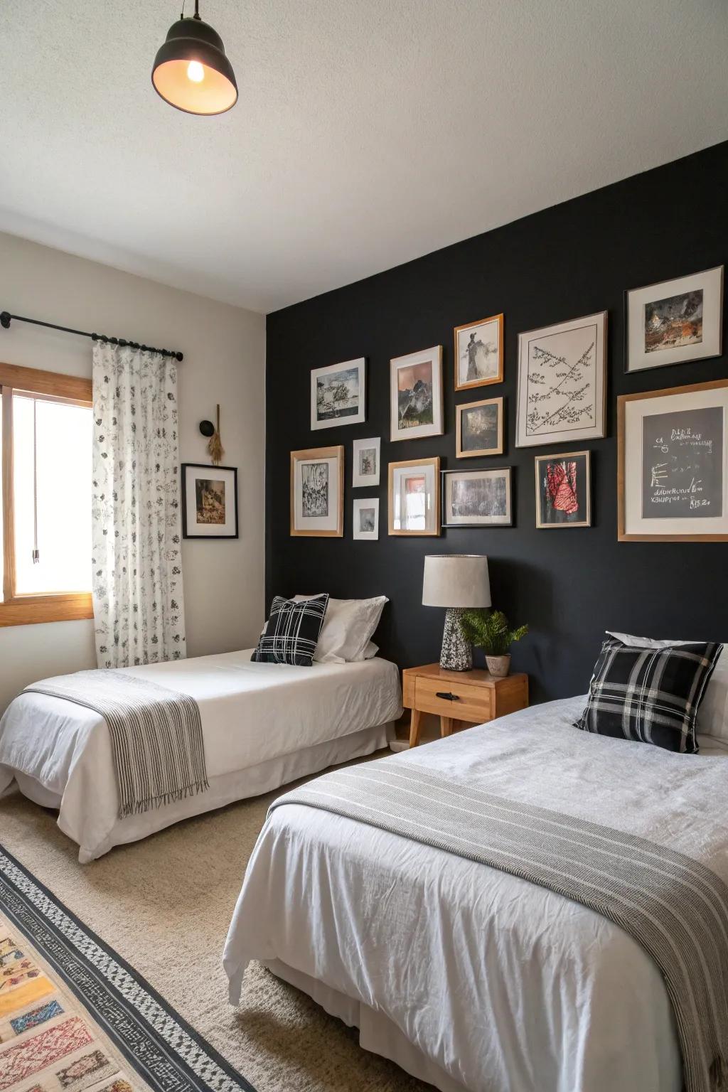 A bedroom black accent wall beautifully enhanced with framed artwork.