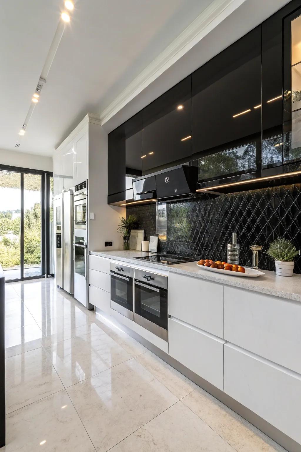 A modern kitchen featuring an ebony feature wall, providing a polished backdrop to chic cabinetry.