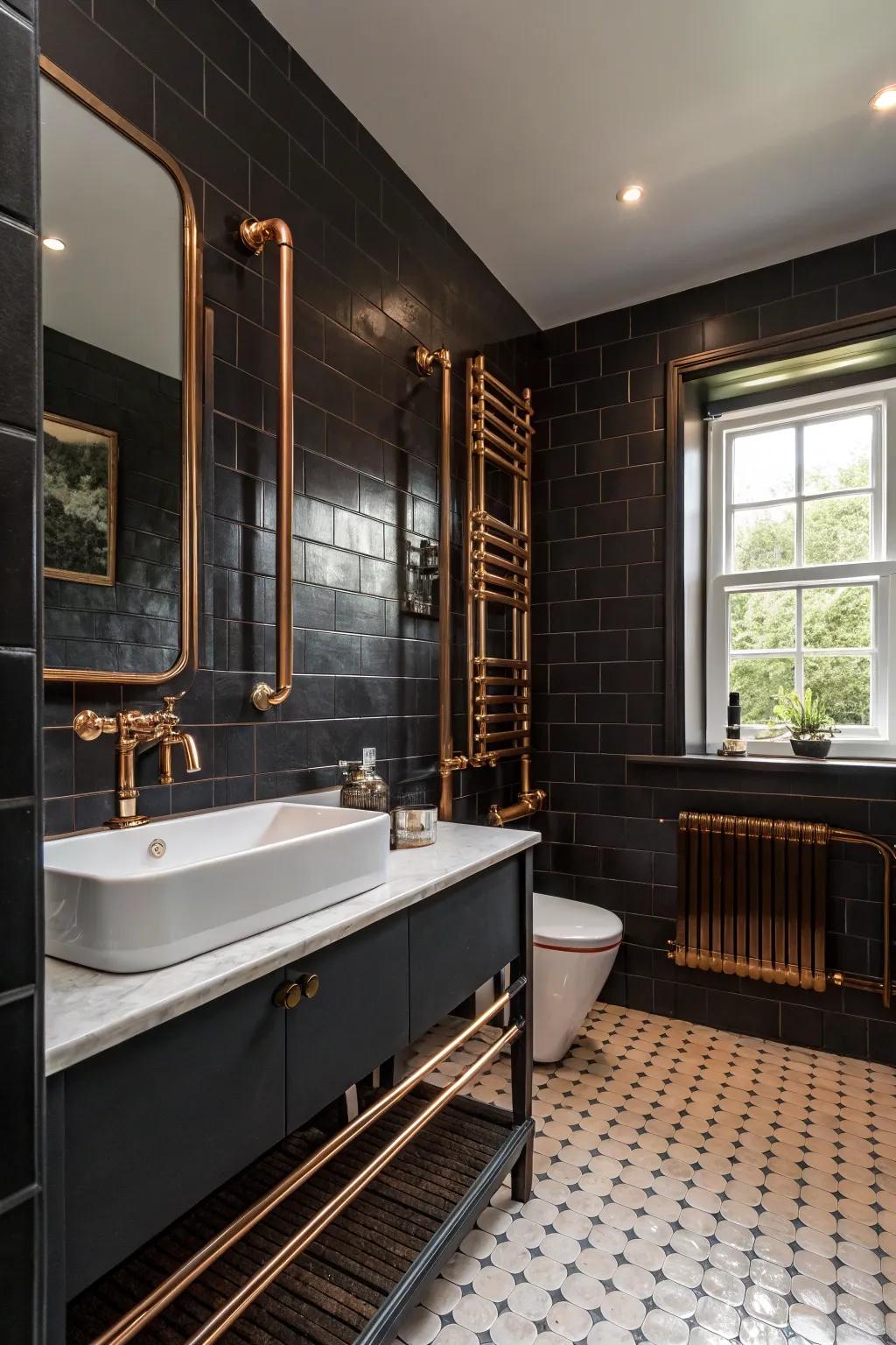 Dark surfaces create a striking contrast with copper details.