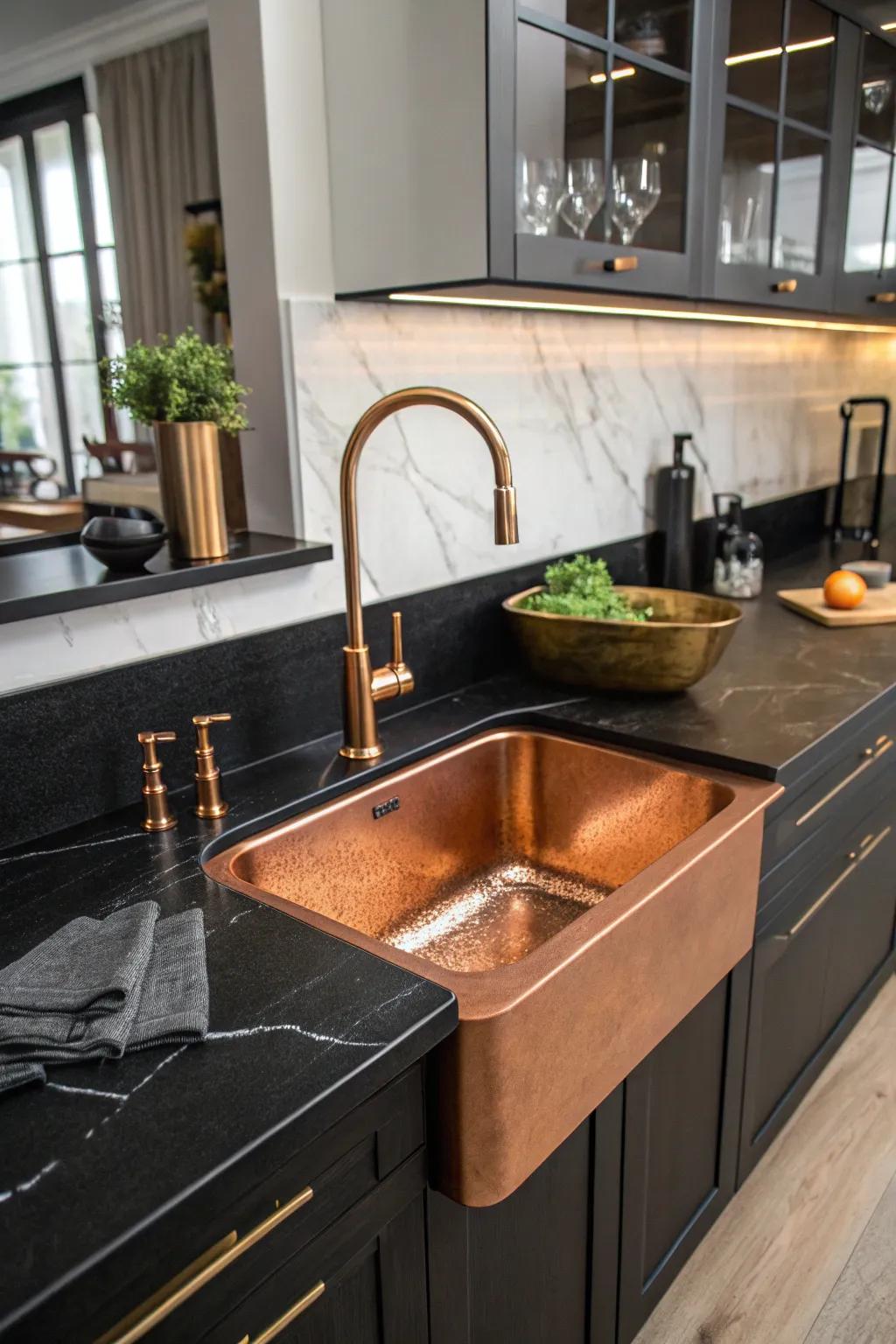A bronze sink is a luxurious focal point in a black kitchen.